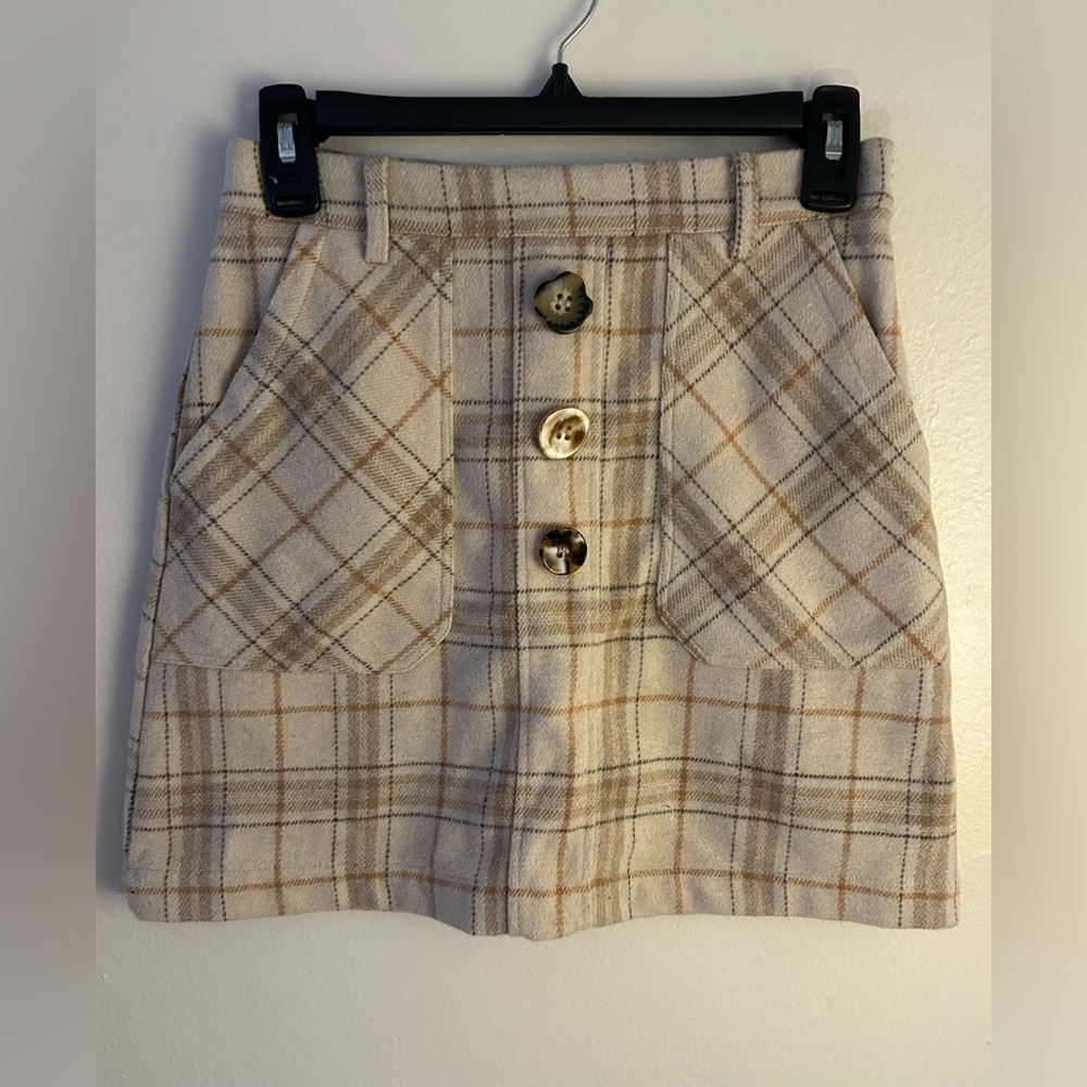 J.O.A. Cream and Tan Plaid Mini Skirt